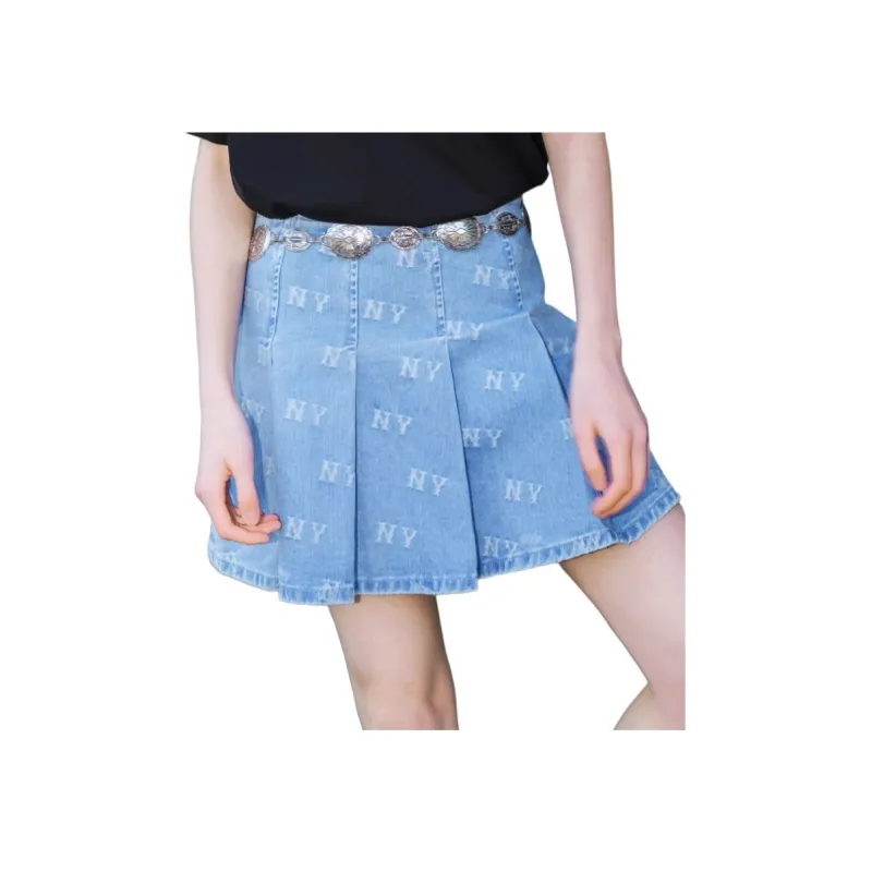 MLB New York Yankees Old Flower Denim Short Skirts Women's Light Blue-2