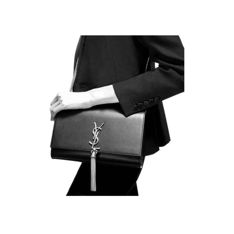 SAINT LAURENT KATE Calfskin Fringe Shoulder Bag Crossbody Bag Medium Size Women's Black-6