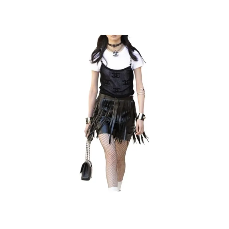 CHANEL Embroidery Letter Cut Out Camisole Short Sleeved Regular T Shirt Women's White-2