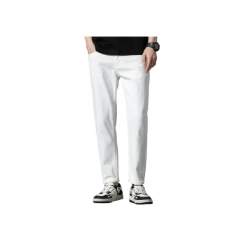 JEANSWEST Versatile Solid Color Straight Fit Comfortable Thin Skinny Pants Summer Men's White