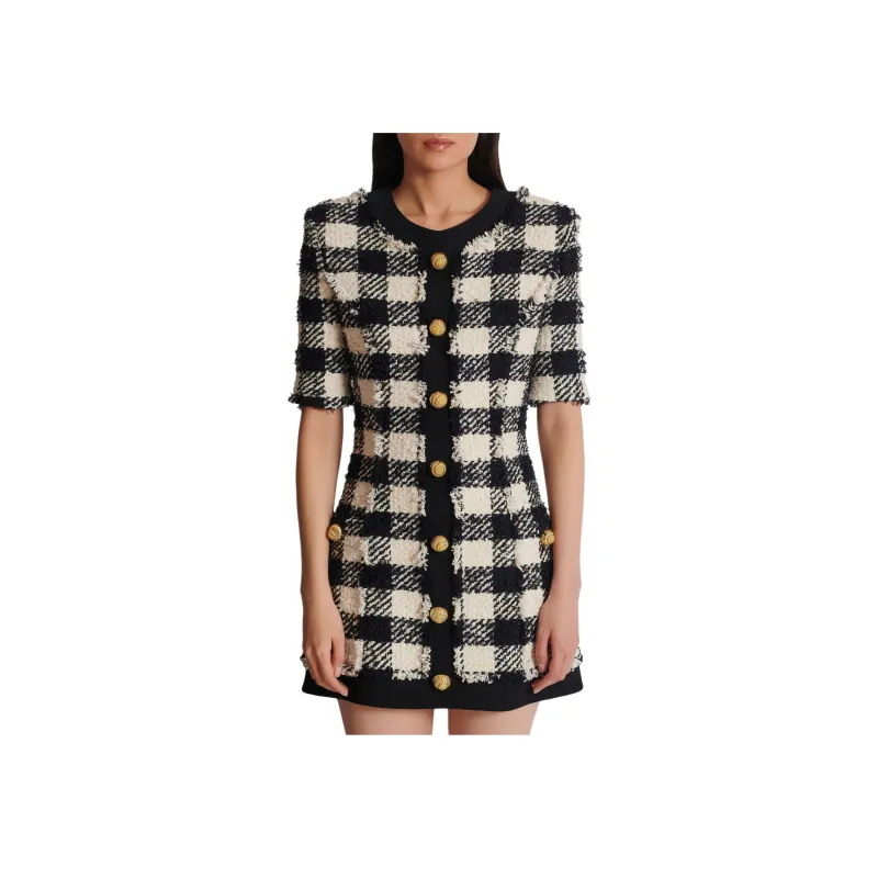 BALMAIN Gingham Tweed Dress-4