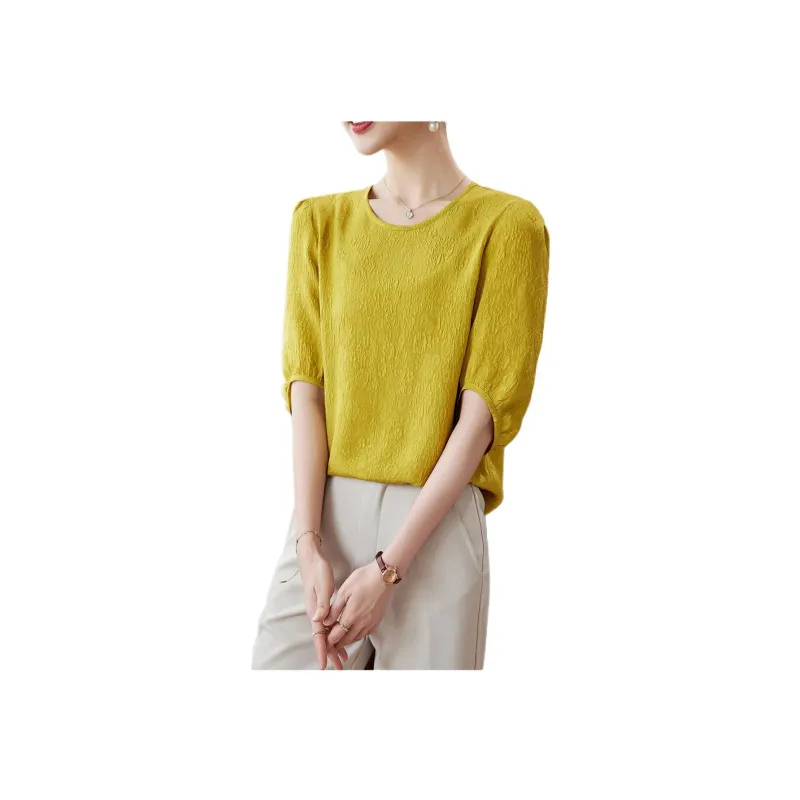 Yi Mengyuan Solid Color Crew Neck Slim Fit Elbow Length Sleeved Shirt Silk T shirt Women's-7