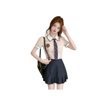 DGMZ Uniforms Women's Pink Top Tie Blue Skirt Set