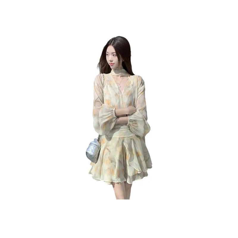 XIANSINIAO Two Piece Skirt Sets Women's Light Yellow Floral, Includes Camisole With Non Detachable Ribbon-6