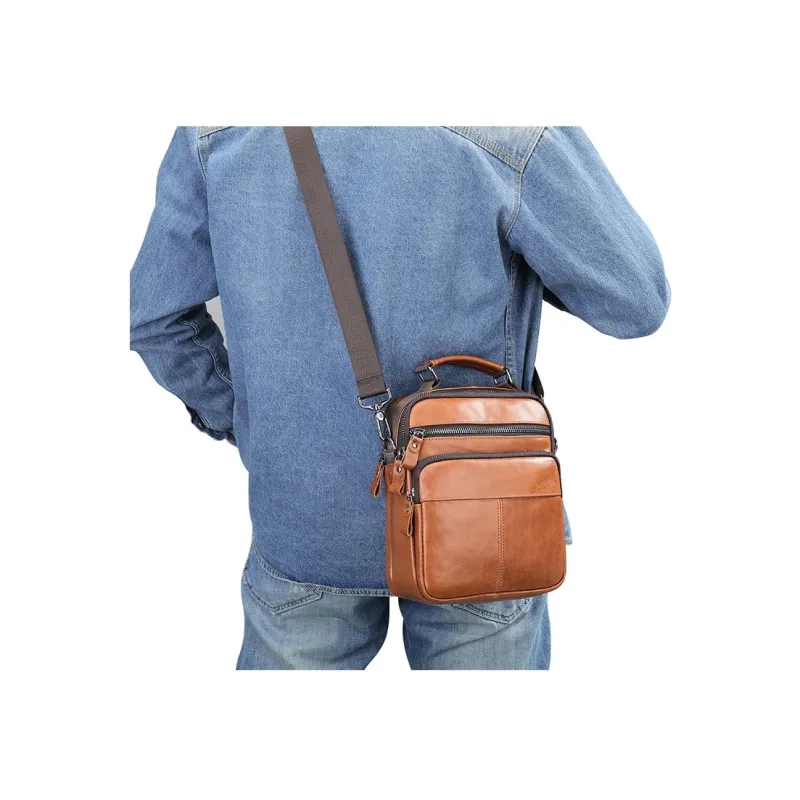 COTECi Top Grain Cow Leather Crossbody Bag, One Shoulder Handbag Medium Size Unisex Brown/Black-3