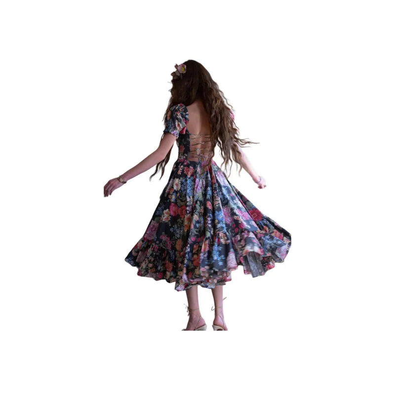 Selkie Collection SS24 Short Sleeved Dress Women's Black With Flourishing Garden Print-3