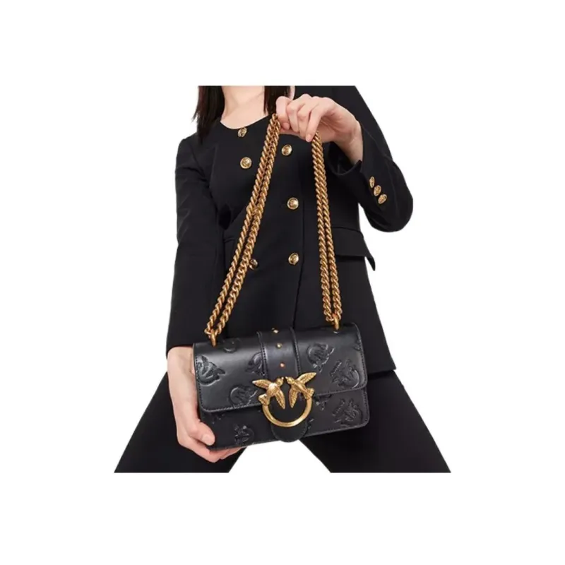 PINKO Cow Leather Shoulder Bag, Crossbody Bag Regular Women's Black/Black Gold-2