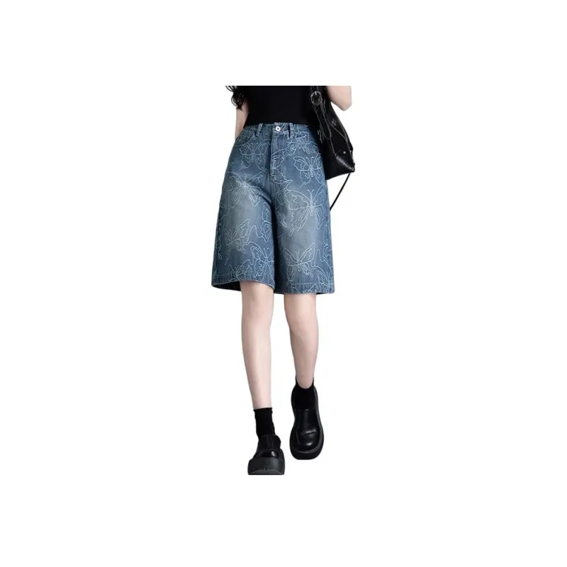 You Cow Me Pants Denim Shorts Women's Deep Sea Blue Jacquard-0