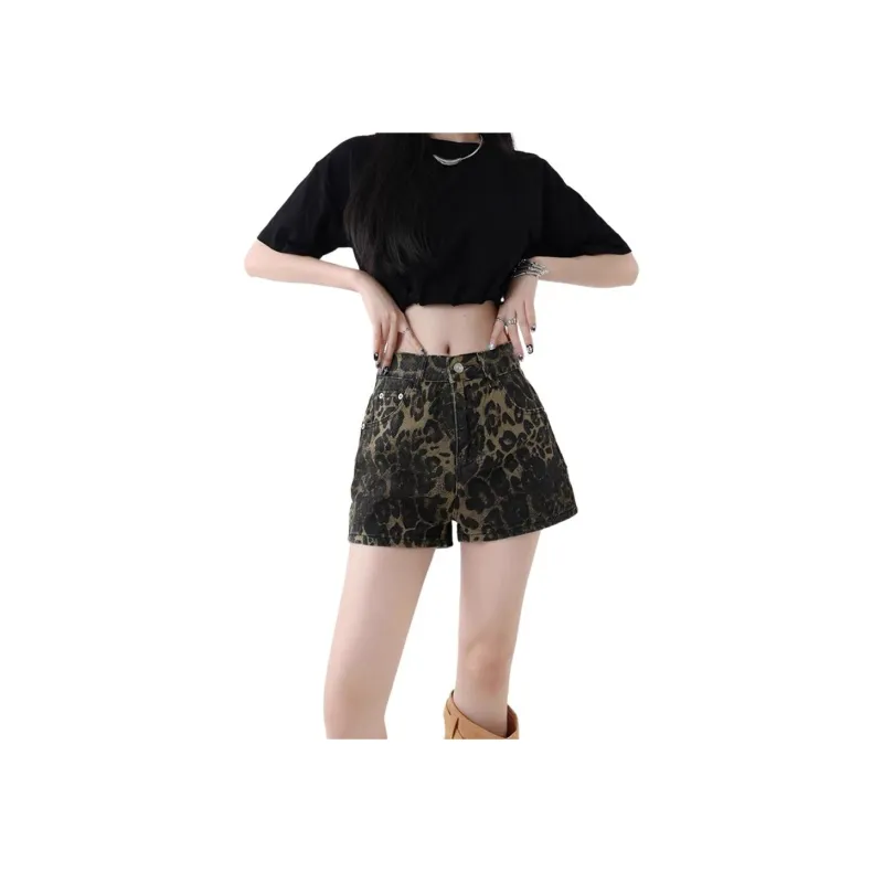 NHZN Denim Shorts Women's Leopard Print-0