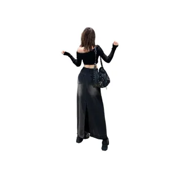 FHMY Denim Long Skirts Women's Black Gray Color