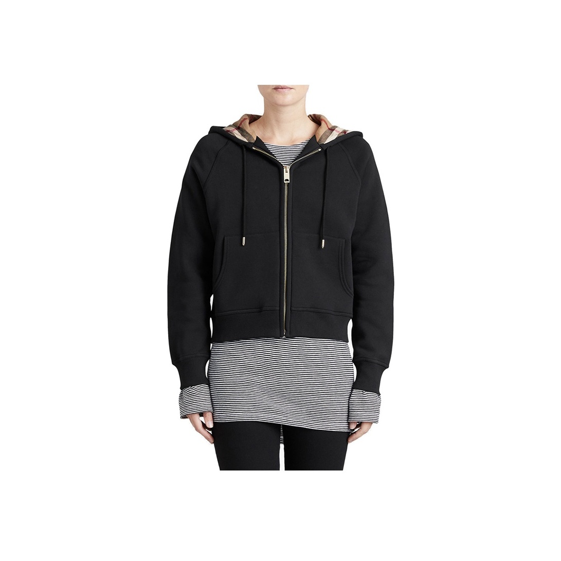 Burberry Zip Up Hoodie With Check Hood Black Archive Beige
