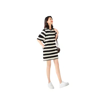 【dme】 Short Sleeved Dresses Women's Black White Stripes