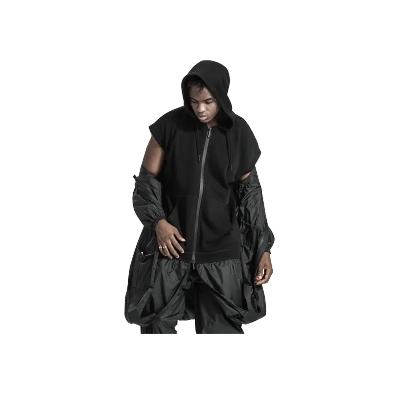 NORVINCY Black Warrior Solid Color Waist Cutting Windproof Hooded Mid Length Coat Unisex-10