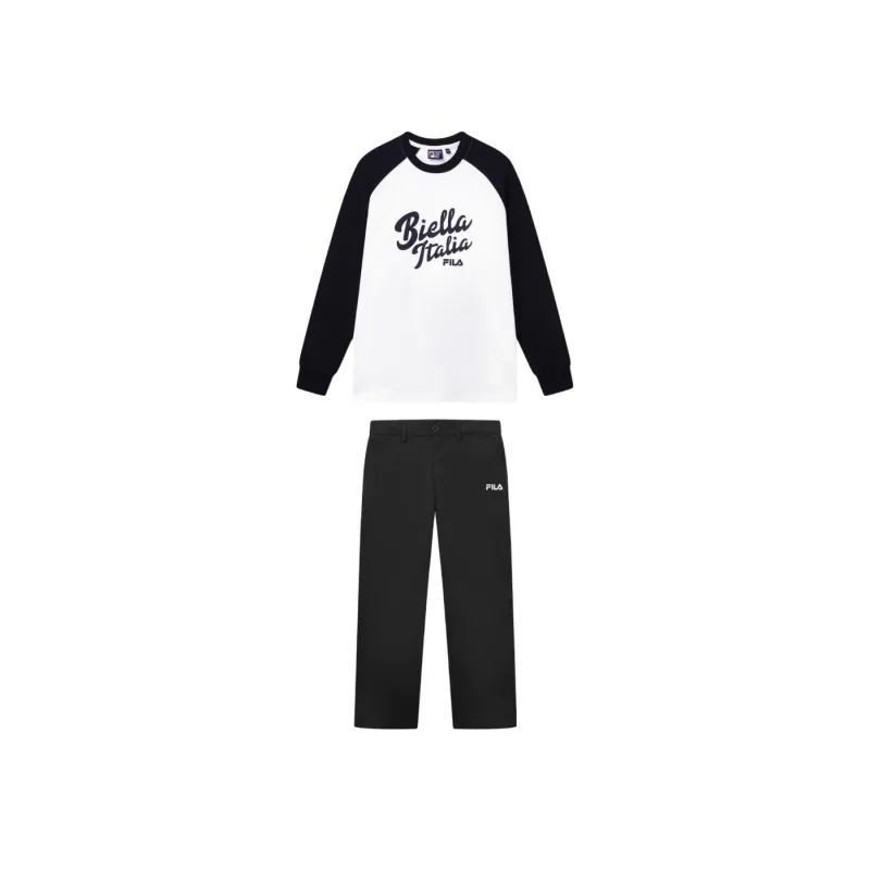 FILA Casual Sportswear Men Clothing Set Coconut Milk White Top+Jet Black Pants-0