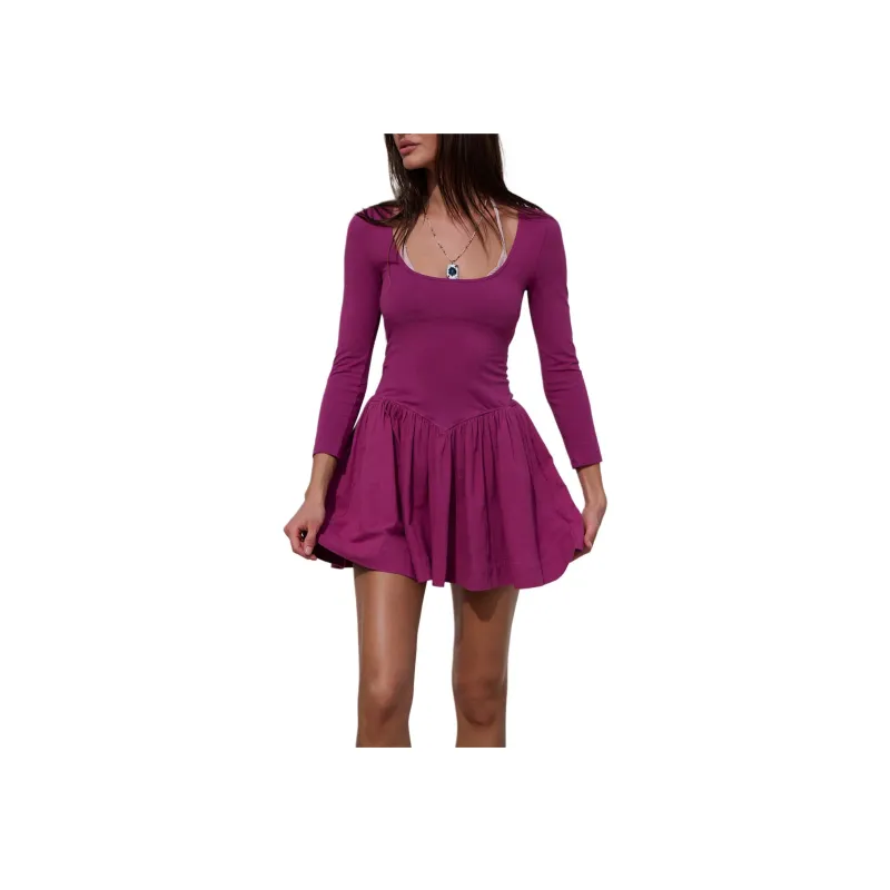 FREE PEOPLE Onda Drop-Waist Long-Sleeve Mini Long-Sleeved Dresses Women's Sweetheart/Purple-0