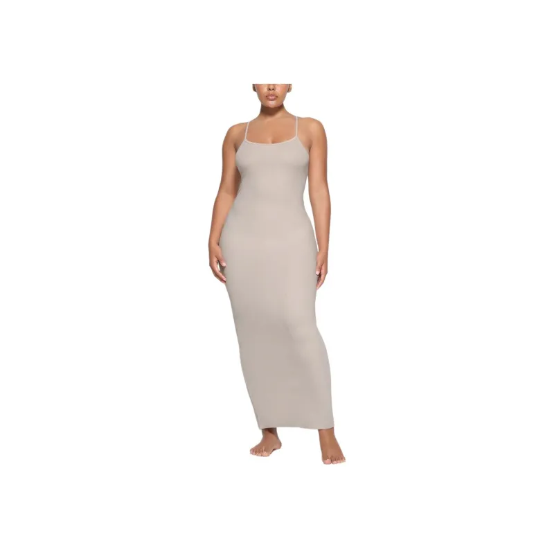 SKIMS SS24 COTTON RIB LONG CAMI DRESS Slip Dresses Women's STONE/Stone Color-1