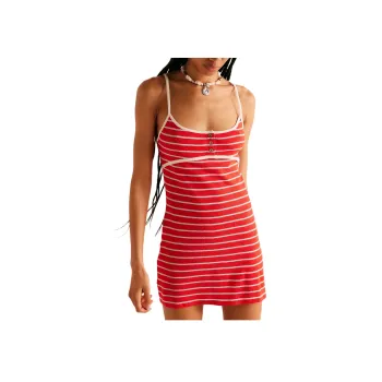 FREE PEOPLE Jayla Cotton-Linen Mini Slip Dresses Women's Red Combo/Red Combination