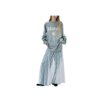 MARDI MERCREDI SS25 UNISEX TSHIRT LONG SLEEVE FLOWERMARDI_GREY IVORY T Shirt Korean Style Unisex Gray Ivory White