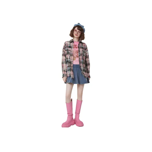 LALABOBO 핑크 블루 체크 여성 셔츠