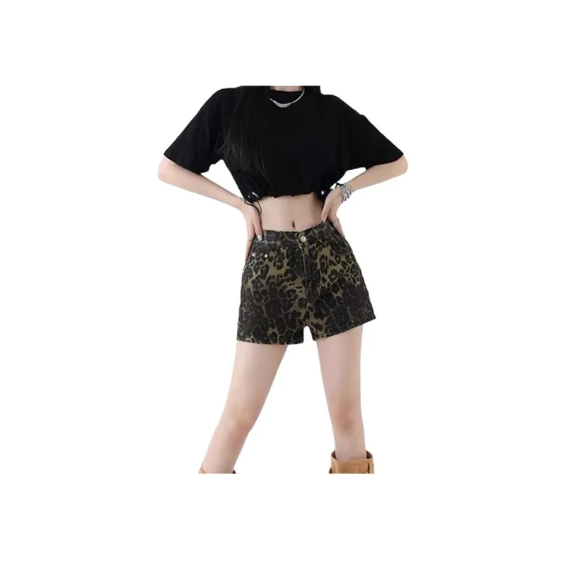 NHZN Denim Shorts Women's Leopard Print-3