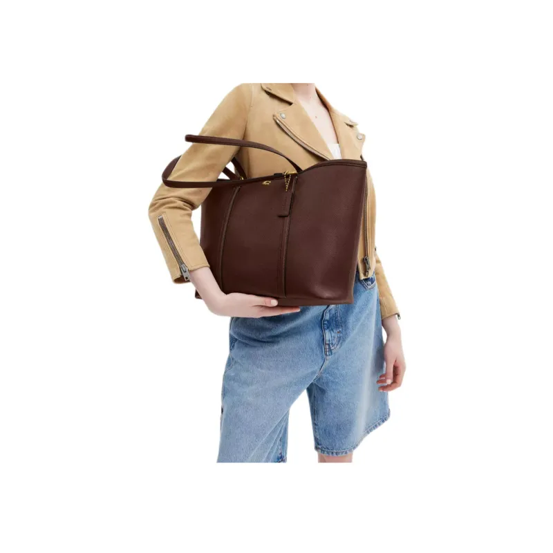 COACH Polished Pebble Leather Tote Bag, Shopping Bag, One Shoulder Handbag Tubas Women's Brass And Maple-4