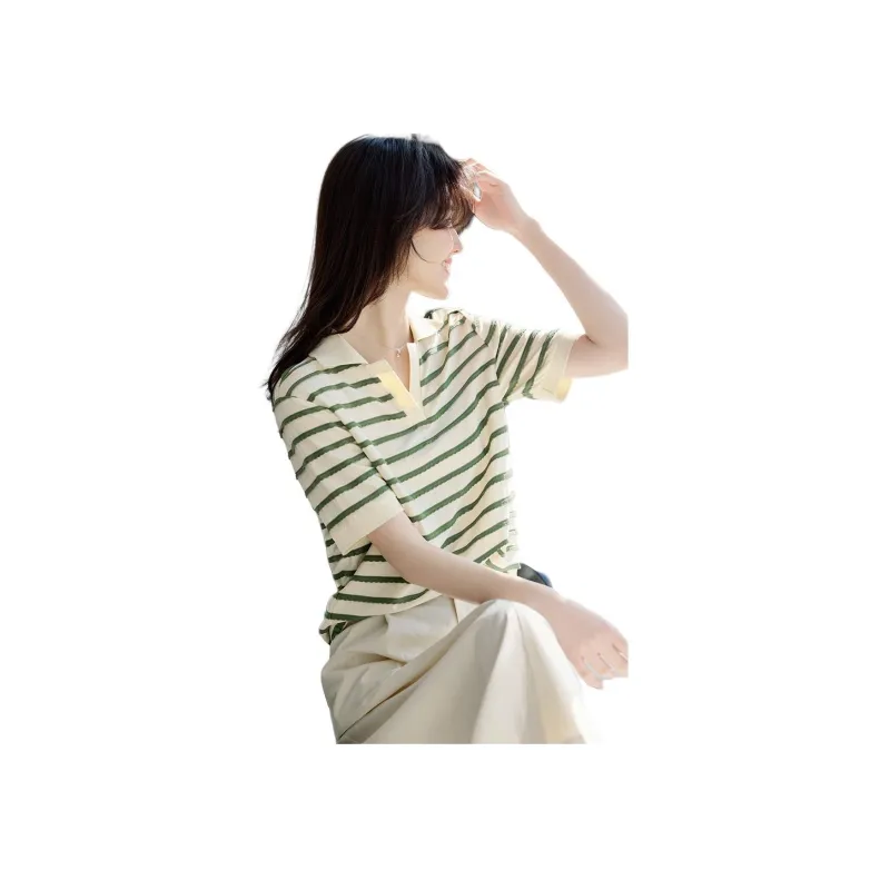 XWI T Shirt Women's Beige Green Stripes-0