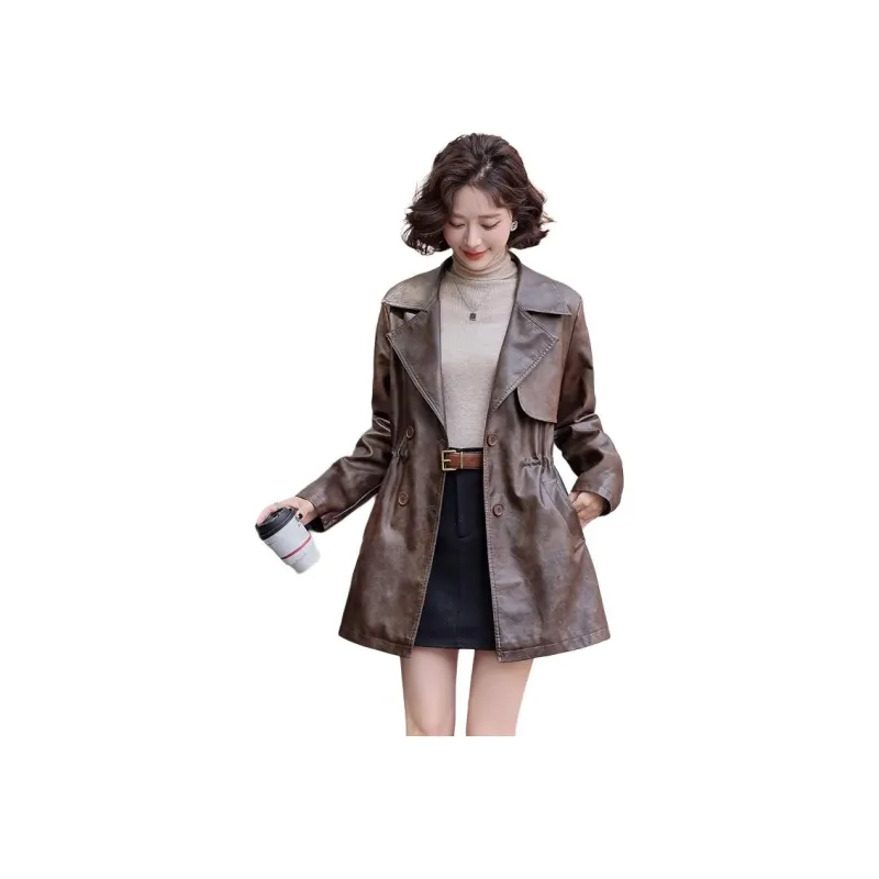 Yi Mengyuan Mid Length Leather Jacket Coat Women's-0