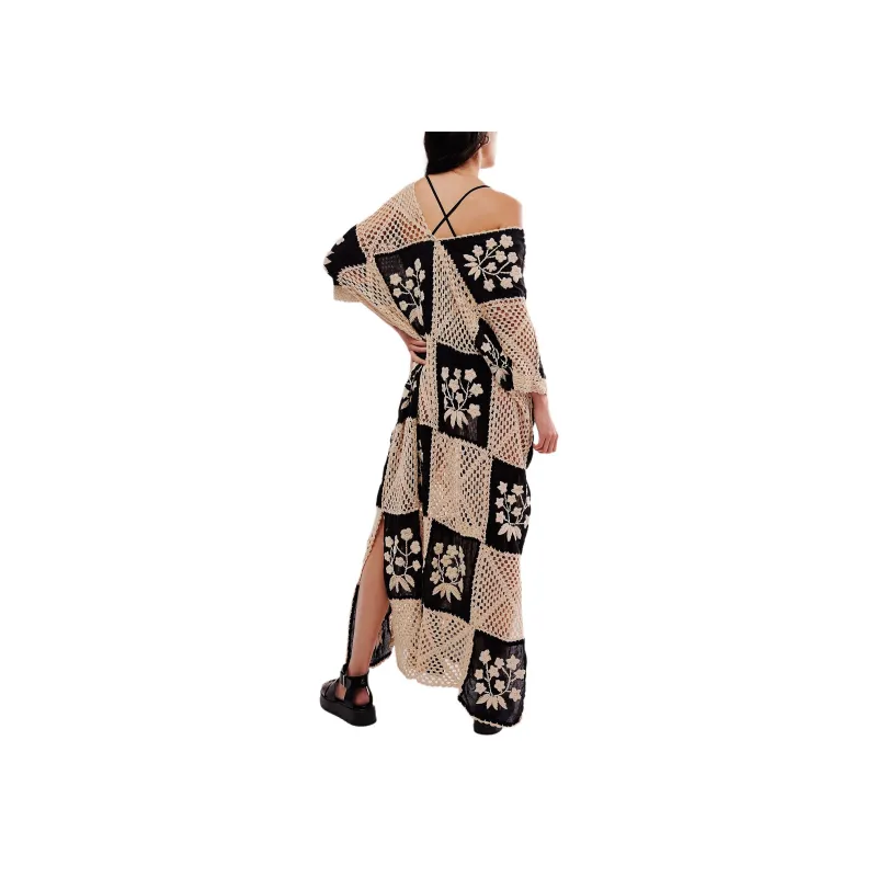 FREE PEOPLE Love Story Crochet Kaftan Short-Sleeved Dresses Women's BLACK/Black-1