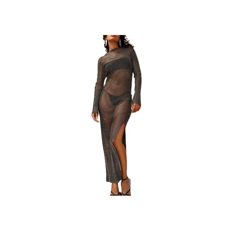 NASTY GAL Diamante Fishnet Slash Neck Maxi Dress Long-Sleeved Dresses Women's Black-0