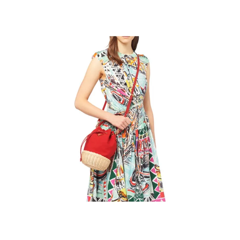 PRADA Canvas Straw Woven Bucket Bag Portable Crossbody Bag Shoulder Bag Regular Women's Red-5