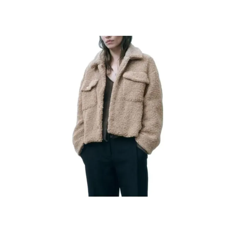 ZARA Velvet-feel Coat Women's Medium Camel-2