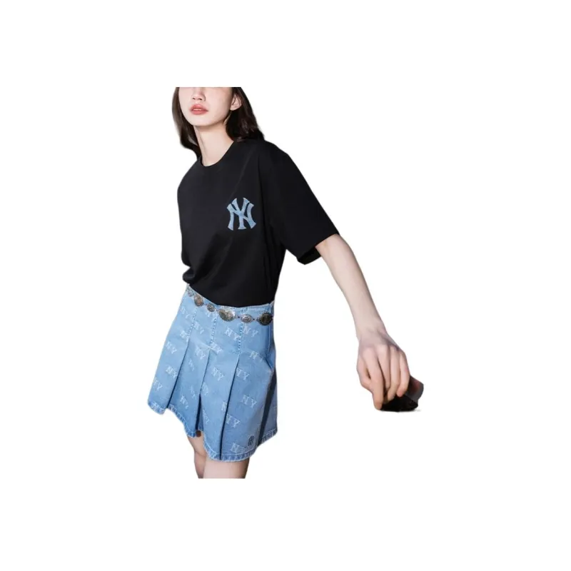 MLB New York Yankees Old Flower Denim Short Skirts Women's Light Blue-3