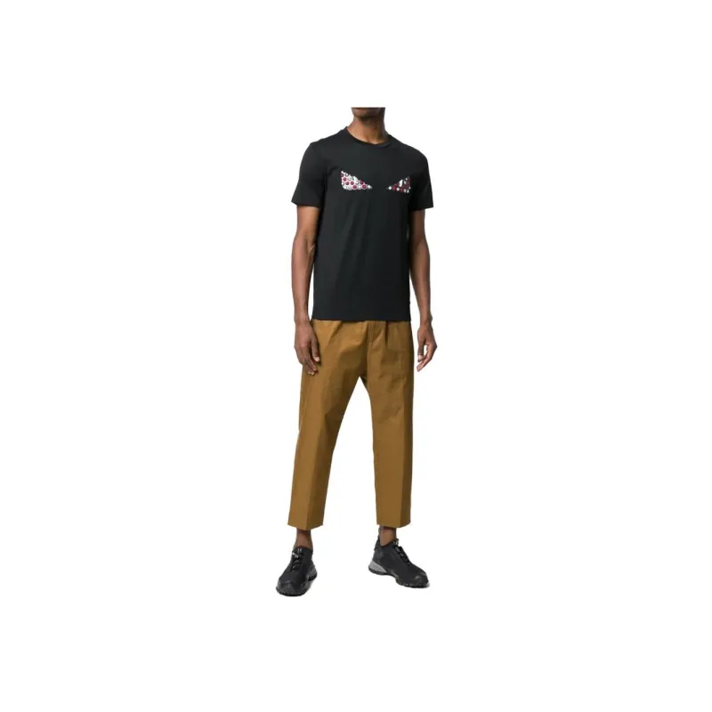 FENDI Red Eye Eyes Print Short Sleeved T Shirt Men's Black-1