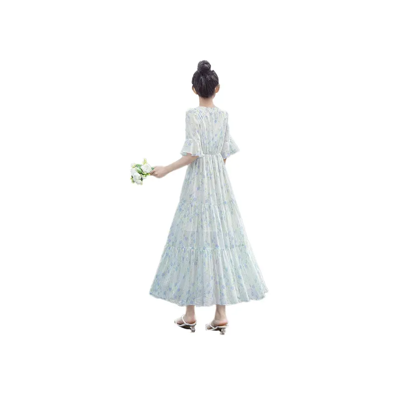 Cypress House Short Sleeved Dress Women's White With Blue Green Floral-0