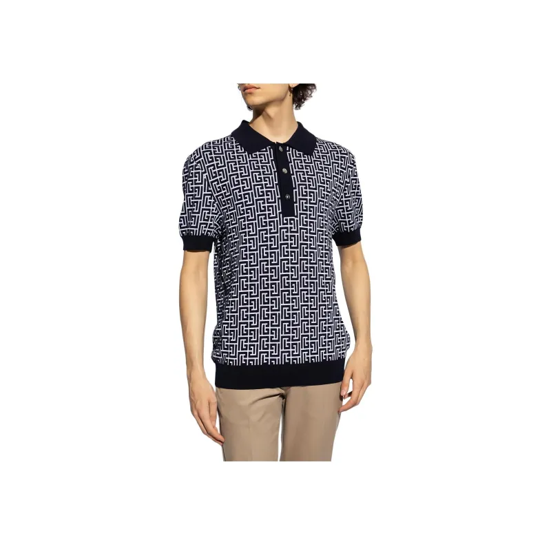 BALMAIN Monogram Printed Knitted Polo Shirt-2