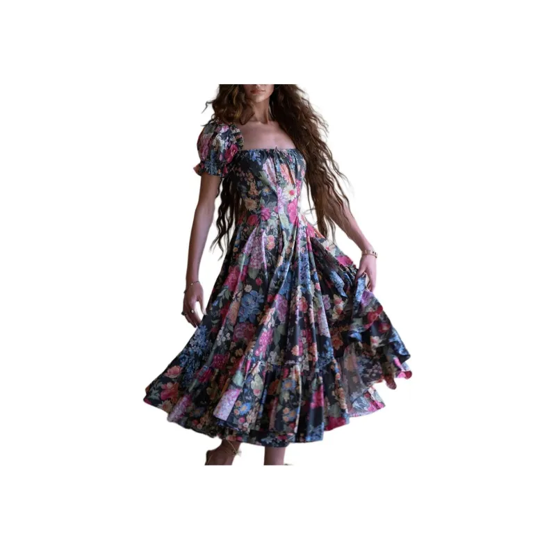Selkie Collection SS24 Short Sleeved Dress Women's Black With Flourishing Garden Print-2