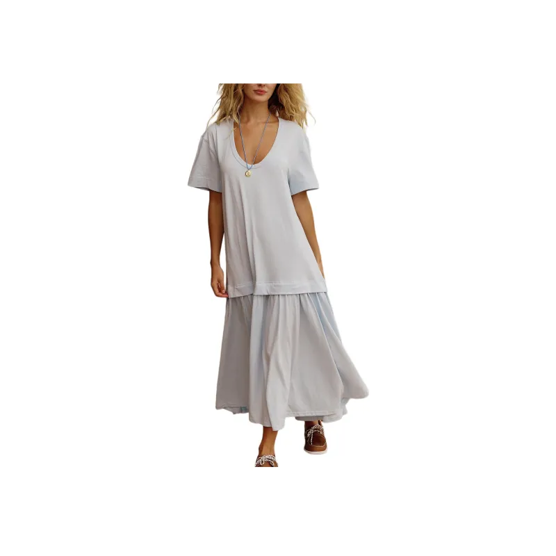 FREE PEOPLE Herron Drop-Waist Maxi Short-Sleeved Dresses Women's Ballad Blue/Folk Ballad Blue-0