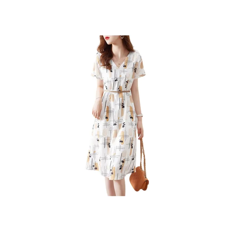 XWI Short Sleeved Dress Women's White Base Yellow Print-0