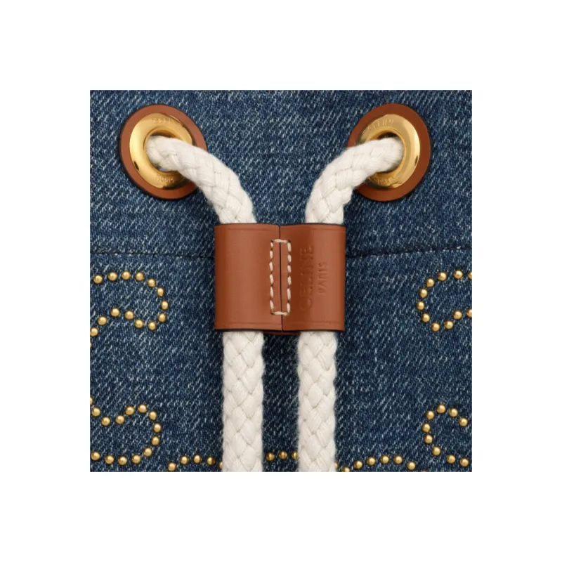 CELINE Triomphe Fabric With Cow Leather Handbag Women's Denim Blue-3