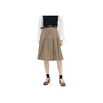 MOCO Casual Long Skirts Women's Gray Brown Plaid