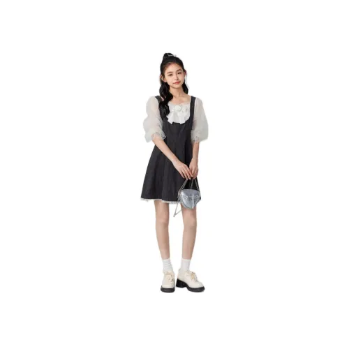 ZIHAN 데님 블랙 여성 반팔 원피스