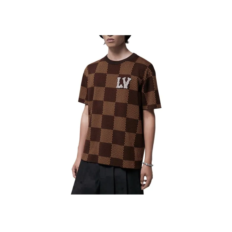LOUIS VUITTON Short Sleeved Cotton Damier Crewneck With Crystal Lv Patch-5