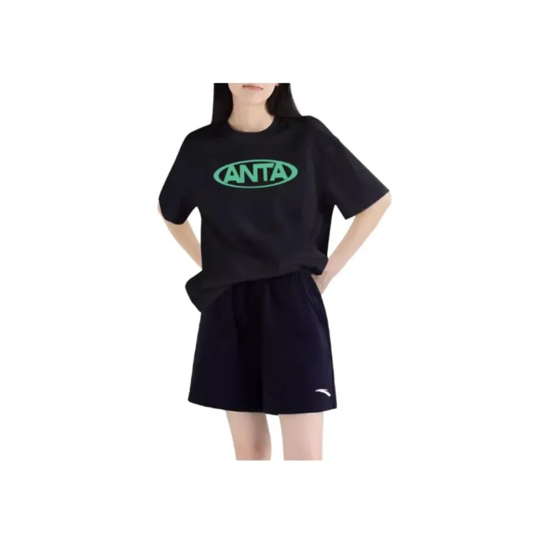 ANTA Casual Suits Women's Clothing Set Basic Black Short Sleeved Shirt+Basic Black Shorts-0