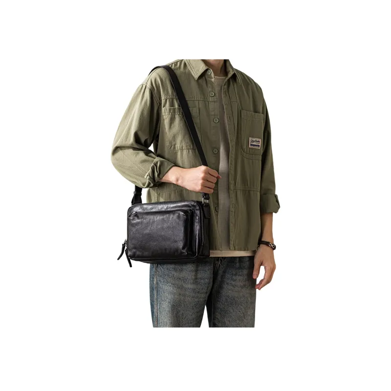 Back Step Top Grain Vegetable Tanned Cow Leather Genuine Leather Crossbody Bag Shoulder Bag Unisex Black-3