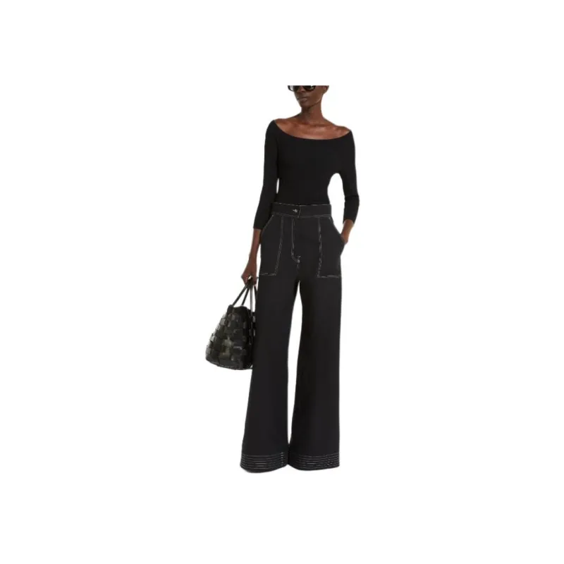 MaxMara Cotton And Linen Wide Trousers Jeans Women's Black-1