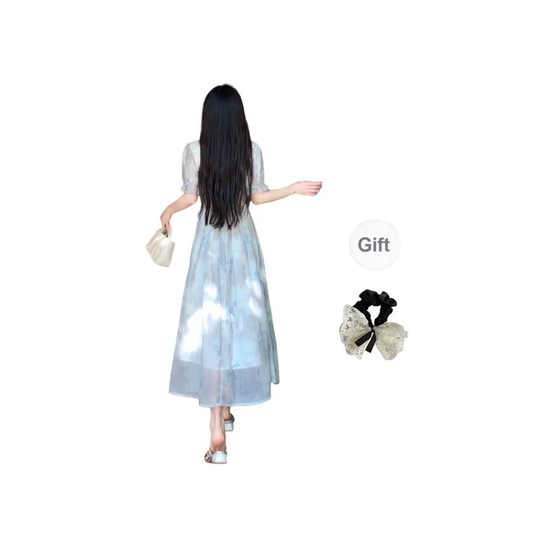 PAVEA Short Sleeved Dress Women's Blue Gray+Hair Tie Comes With-1