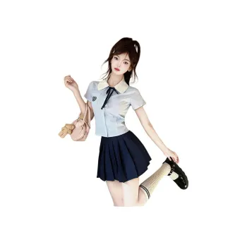DGMZ Uniforms Women's Blue Top+Bow Tie+Blue Skirt Set