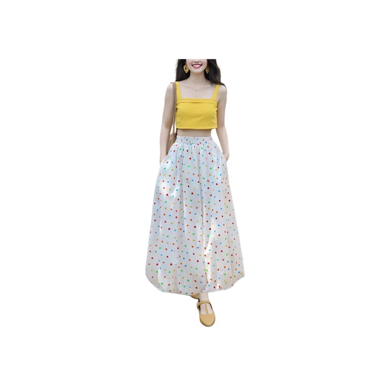 Wbwq Casual Long Skirts Women's White Base Multicolor Dots-0