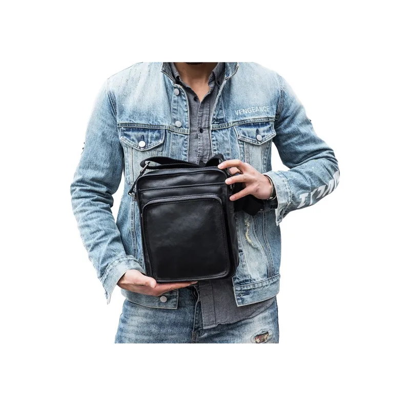 Back Step Top Grain Vegetable Tanned Cow Leather Shoulder Bag Crossbody Messenger Bag Regular Unisex Black-7