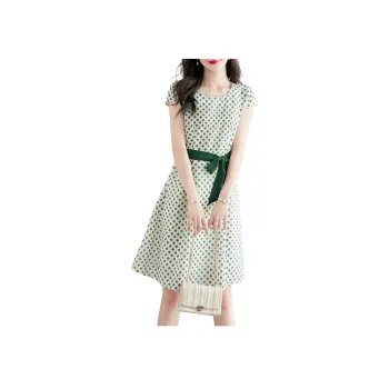 Still Quiet Short Sleeved Dresses Women's Green+White